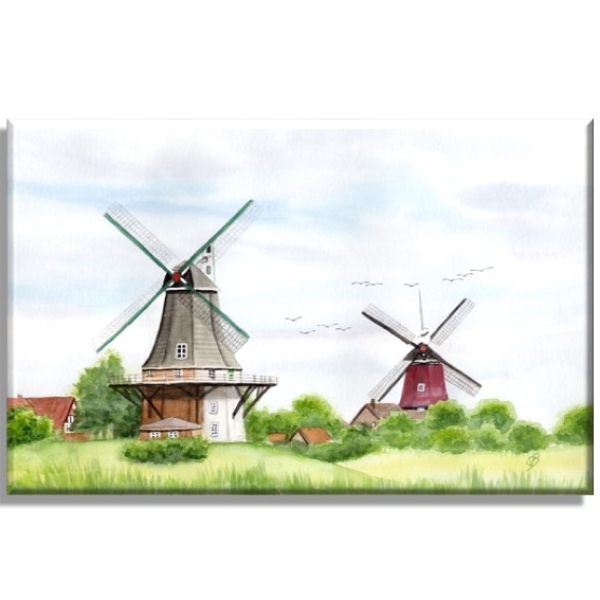 Leinwand 40 x 30 cm Keilrahmen Canvas-Leinen Aquarell Maritim Kunst Druck Kunstdruck Nordsee Ostfriesland Greetsiel Mühle Mühlen Windmühle Windmühlen